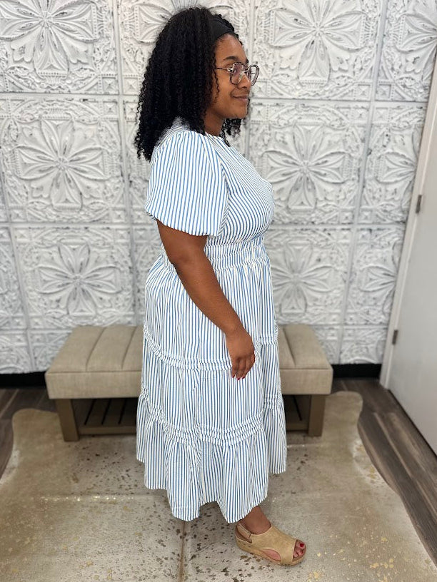 Stripe Puff Sleeve Tiered Midi Plus size Dress