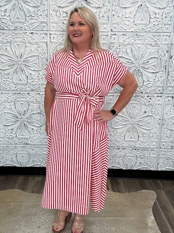 Stripe Waist Tie Collared Midi Dress