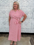 Stripe Waist Tie Collared Midi Dress