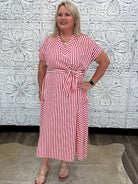 Stripe Waist Tie Collared Midi Dress