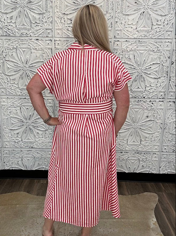 Stripe Waist Tie Collared Midi Dress