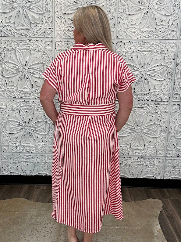 Stripe Waist Tie Collared Midi Dress