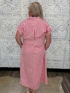 Stripe Waist Tie Collared Midi Dress
