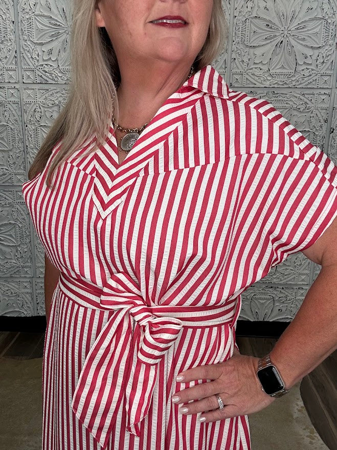 Stripe Waist Tie Collared Midi Dress