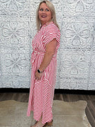 Stripe Waist Tie Collared Midi Dress