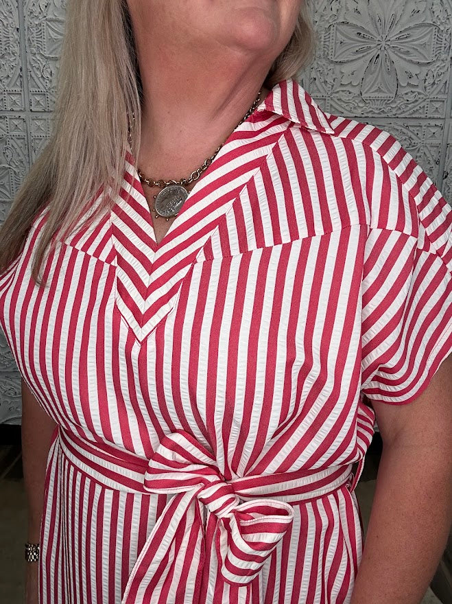 Stripe Waist Tie Collared Midi Dress