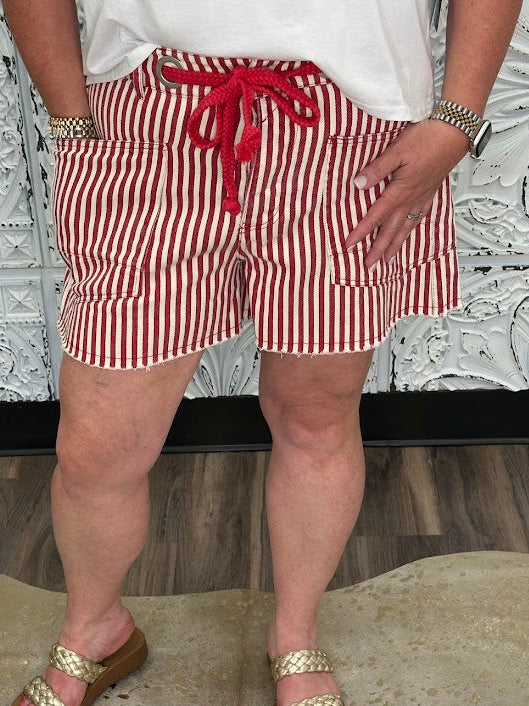 Striped Drawstring Shorts with Braided Belt & Distressed Hem