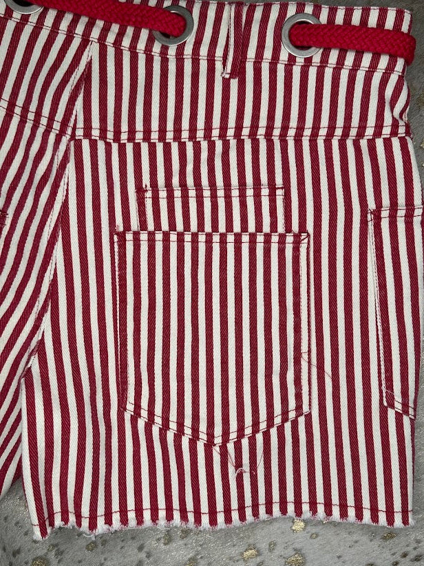 Striped Drawstring Shorts with Braided Belt & Distressed Hem