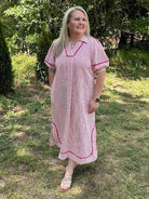 Striped Midi Dress with Puff Sleeves and Contrast Trim