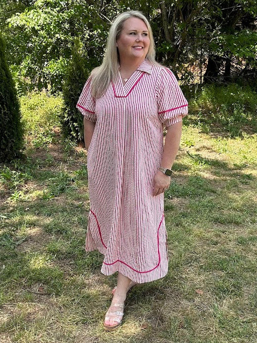 Striped Midi Dress with Puff Sleeves and Contrast Trim