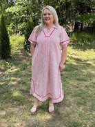 Striped Midi Dress with Puff Sleeves and Contrast Trim
