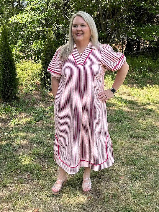 Striped Midi Dress with Puff Sleeves and Contrast Trim