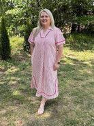Striped Midi Dress with Puff Sleeves and Contrast Trim