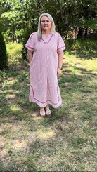 Striped Midi Dress with Puff Sleeves and Contrast Trim