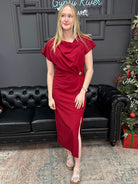 midi dress, red cocktail dress, draped neck dress, holiday dress, elegant dress, side ring detail, woven midi, special occasion outfit, boutique dress, women’s formal style