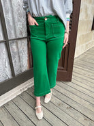 green wide leg jeans, shamrock denim, high rise cropped jeans, boutique statement denim, women’s wide leg jeans, colored denim, spring jeans