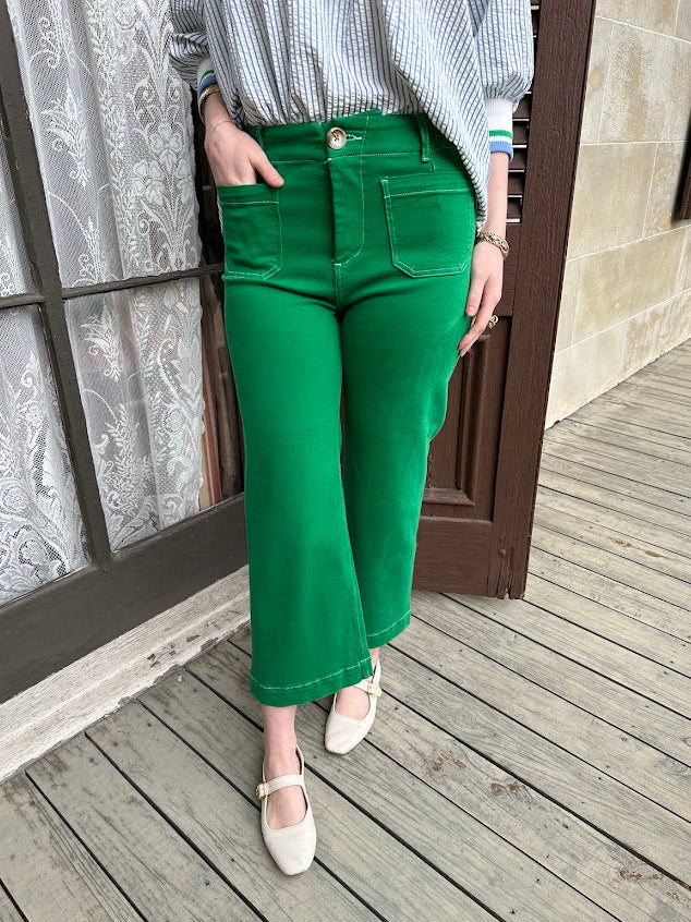 green wide leg jeans, shamrock denim, high rise cropped jeans, boutique statement denim, women’s wide leg jeans, colored denim, spring jeans