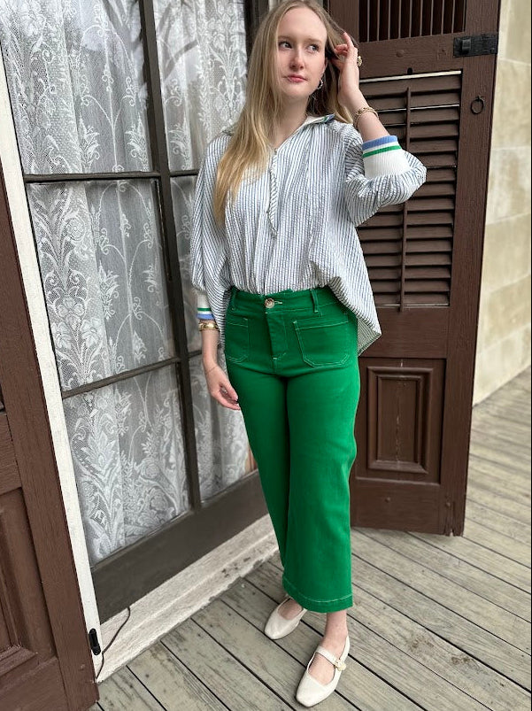 green wide leg jeans, shamrock denim, high rise cropped jeans, boutique statement denim, women’s wide leg jeans, colored denim, spring jeans