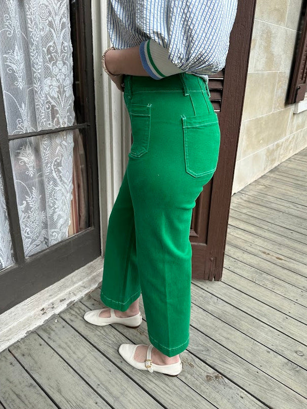 green wide leg jeans, shamrock denim, high rise cropped jeans, boutique statement denim, women’s wide leg jeans, colored denim, spring jeans