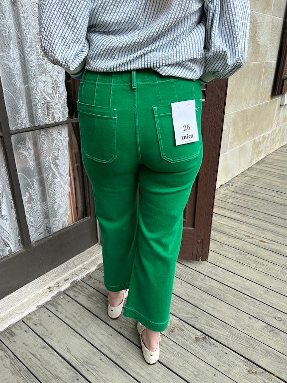 green wide leg jeans, shamrock denim, high rise cropped jeans, boutique statement denim, women’s wide leg jeans, colored denim, spring jeans