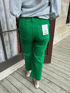 green wide leg jeans, shamrock denim, high rise cropped jeans, boutique statement denim, women’s wide leg jeans, colored denim, spring jeans