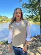 sweater vest, knit vest, v-neck sweater vest, layering piece, boutique knitwear, neutral sweater vest, fall layering top, ribbed vest, sleeveless sweater, casual chic vest