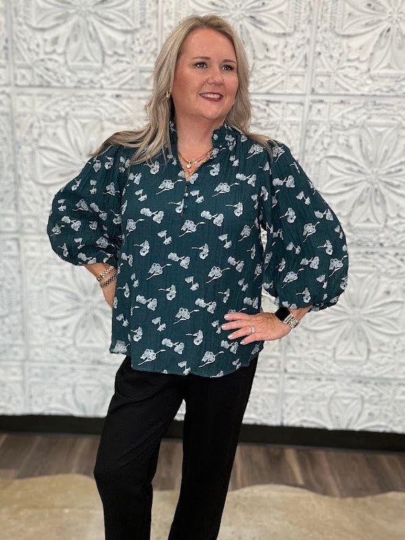 Teal Metallic Floral Ruffle Neck Blouse