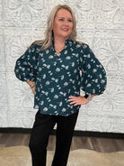 Teal Metallic Floral Ruffle Neck Blouse