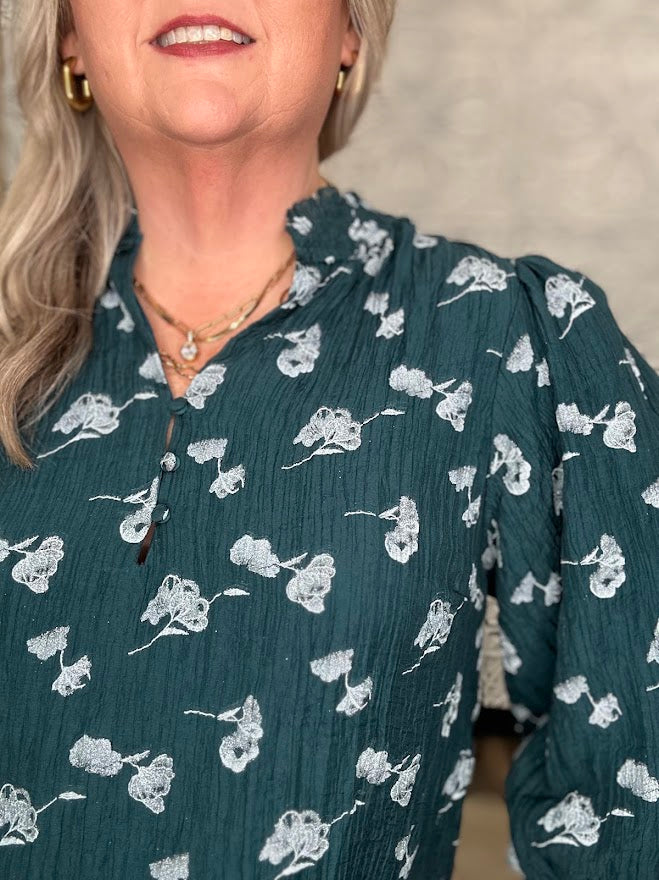 Teal Metallic Floral Ruffle Neck Blouse