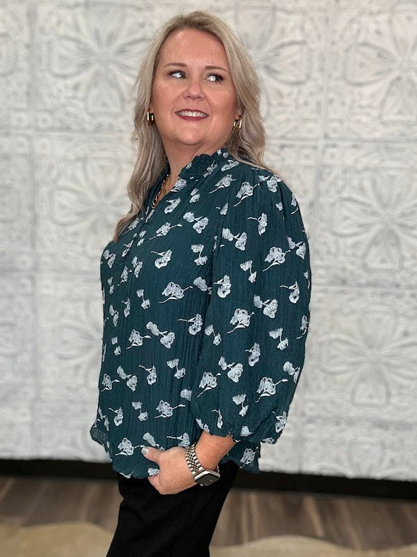 Teal Metallic Floral Ruffle Neck Blouse