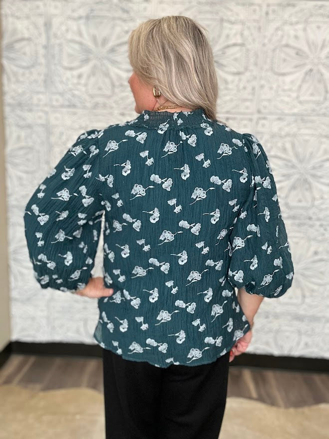 Teal Metallic Floral Ruffle Neck Blouse