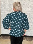 Teal Metallic Floral Ruffle Neck Blouse