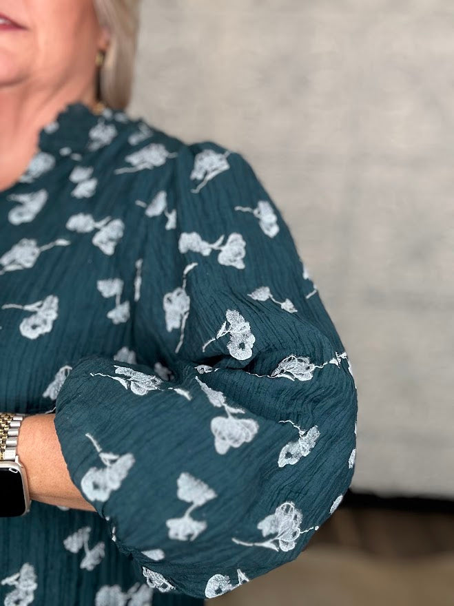 Teal Metallic Floral Ruffle Neck Blouse