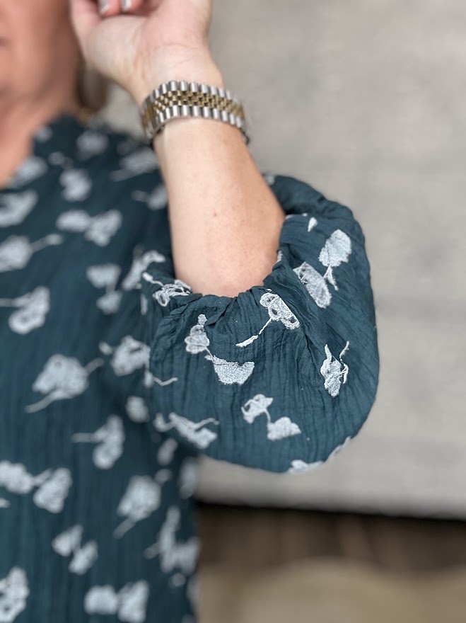 Teal Metallic Floral Ruffle Neck Blouse