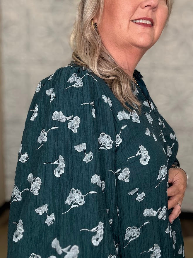 Teal Metallic Floral Ruffle Neck Blouse