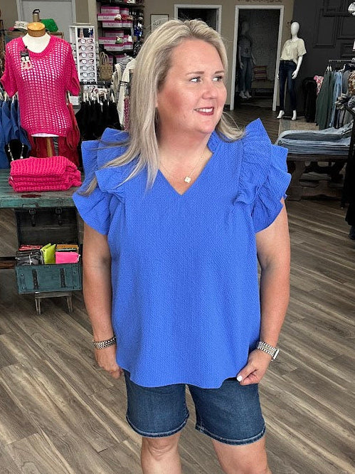 Textured Ruffle Sleeve V-Neck Blouse