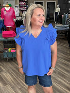 Textured Ruffle Sleeve V-Neck Blouse