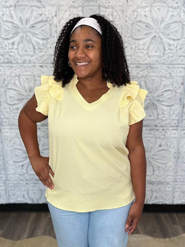 Textured Ruffle Sleeve V-Neck Blouse