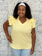 Textured Ruffle Sleeve V-Neck Blouse