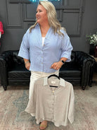striped button down blouse, textured stripe shirt women, relaxed collared blouse, boutique striped shirt, casual button down top women, lightweight summer blouse
