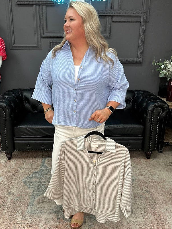 striped button down blouse, textured stripe shirt women, relaxed collared blouse, boutique striped shirt, casual button down top women, lightweight summer blouse