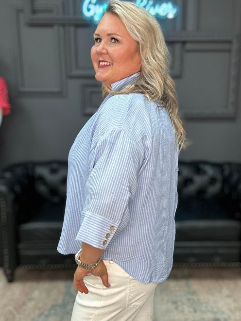 striped button down blouse, textured stripe shirt women, relaxed collared blouse, boutique striped shirt, casual button down top women, lightweight summer blouse