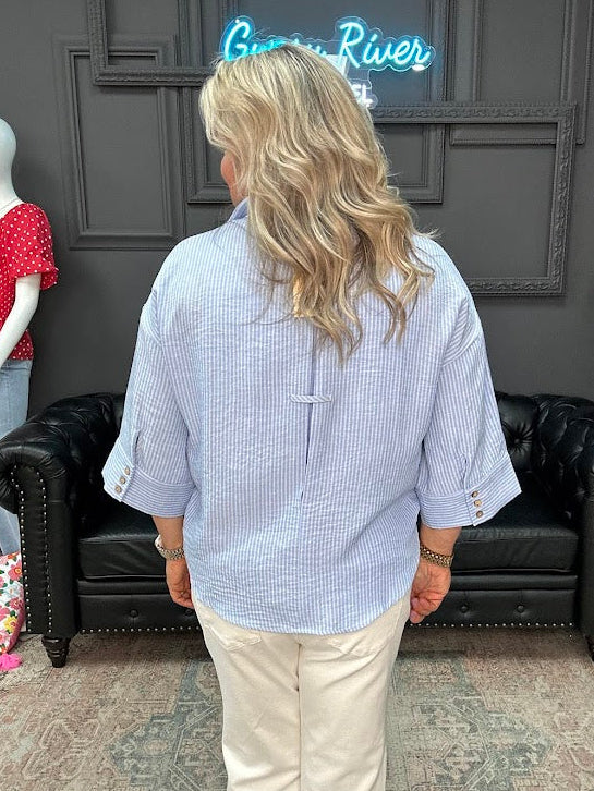 striped button down blouse, textured stripe shirt women, relaxed collared blouse, boutique striped shirt, casual button down top women, lightweight summer blouse