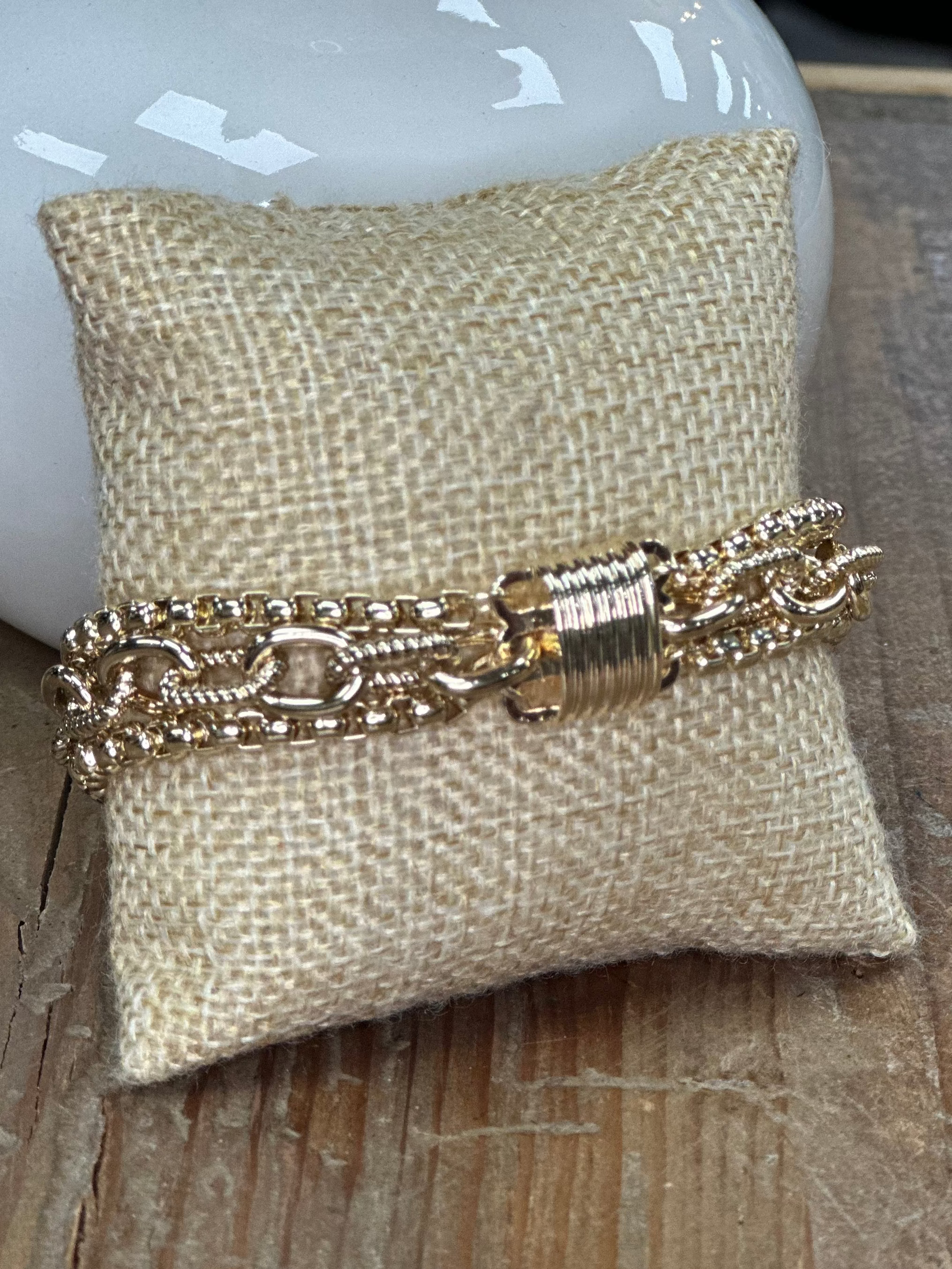 gold layered bracelet, triple strand bracelet, magnetic clasp bracelet, gold dipped jewelry, anti tarnish bracelet, statement chain bracelet