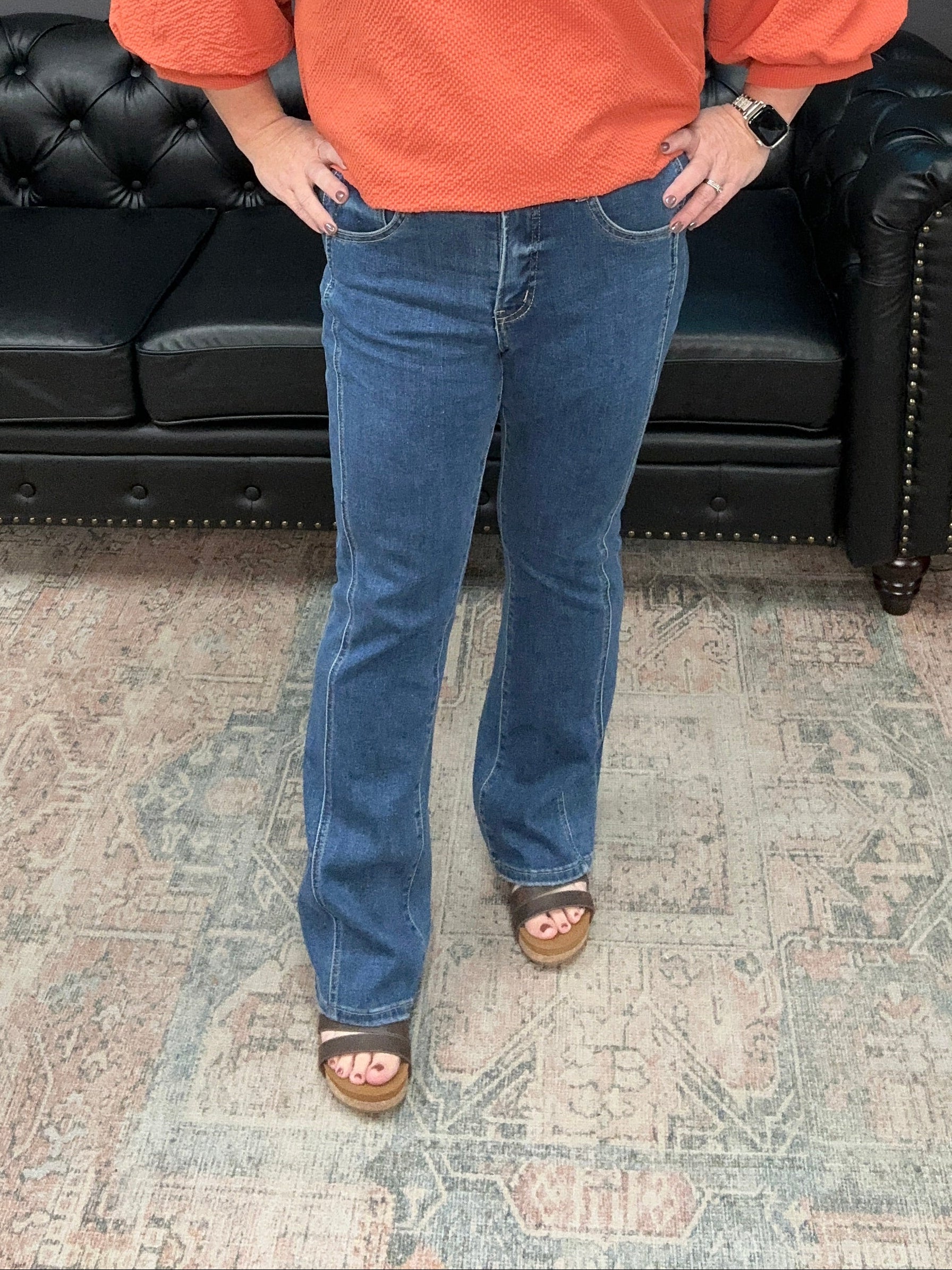 tummy tuck jeans, bootcut jeans, high rise denim, slimming jeans, side panel jeans, stretch bootcut denim, shaping jeans, women’s boutique denim, flattering fit jeans, tummy control bootcut