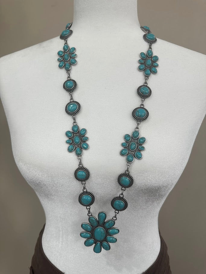 turquoise necklace, cluster necklace, statement necklace, western jewelry, floral turquoise jewelry, pewter turquoise necklace