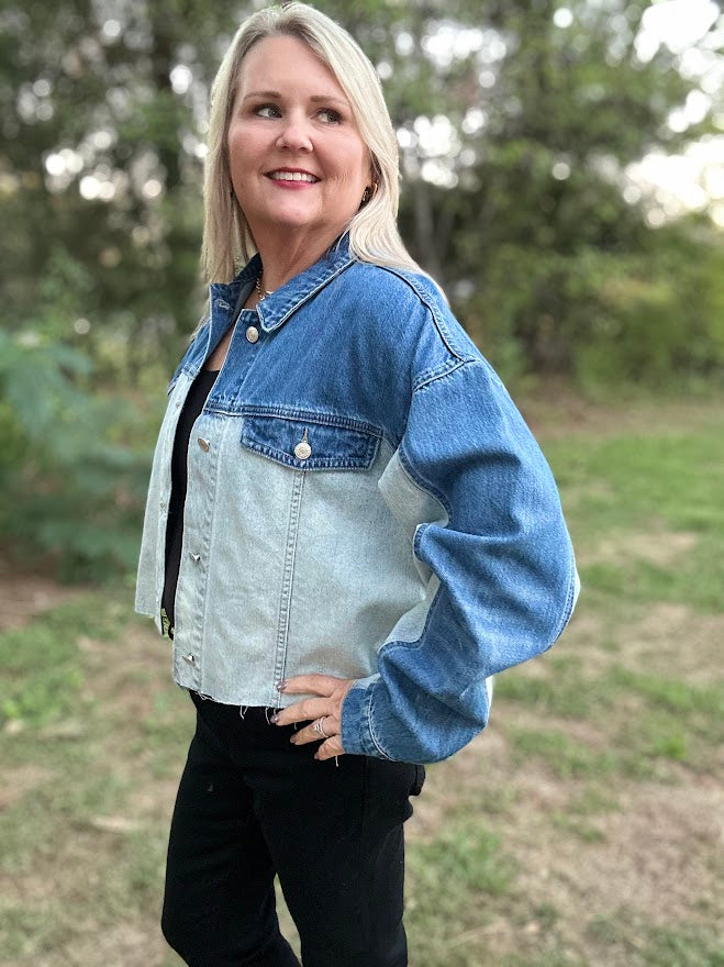 Two-Tone Colorblock Cropped Denim Jacket