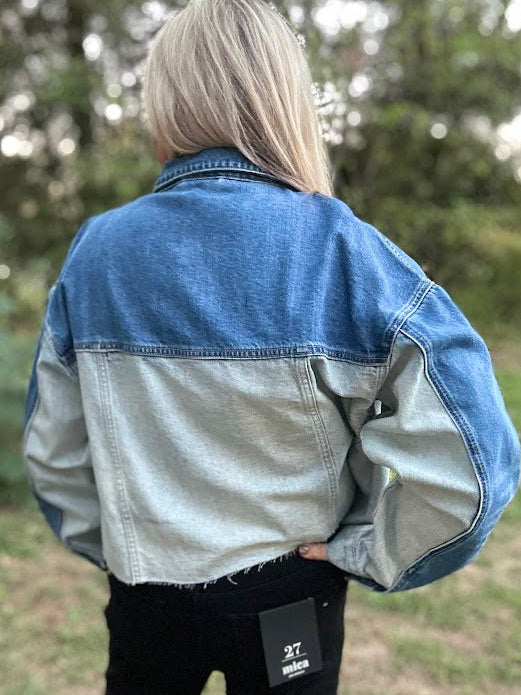 Two-Tone Colorblock Cropped Denim Jacket