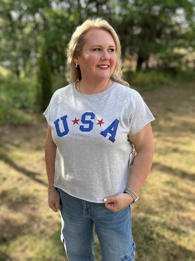 USA Cropped Terry Knit Top with Raw Edge Hem