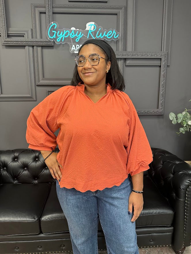 split v-neck blouse, textured top, balloon sleeve blouse, scalloped hem shirt, dressy casual top, boutique blouse, relaxed fit top, women’s fall blouse, elegant everyday top, work to weekend blouse